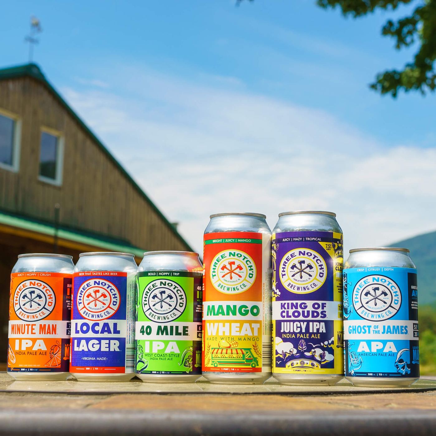 Six cans in a row: Minute Man IPA, Local Lager, 40 Mile IPA, Mango Wheat, King of Clouds and Ghost of the James APA
